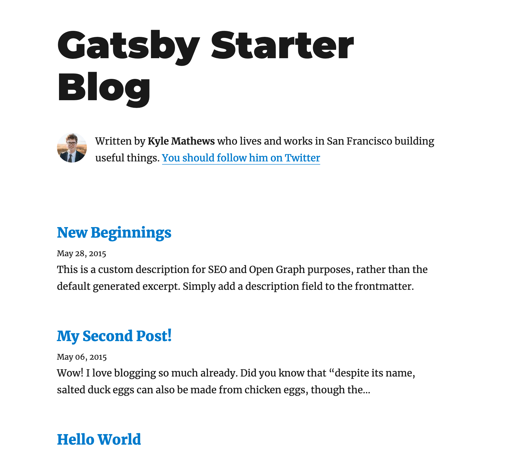 starter blog index with some pre-filled content