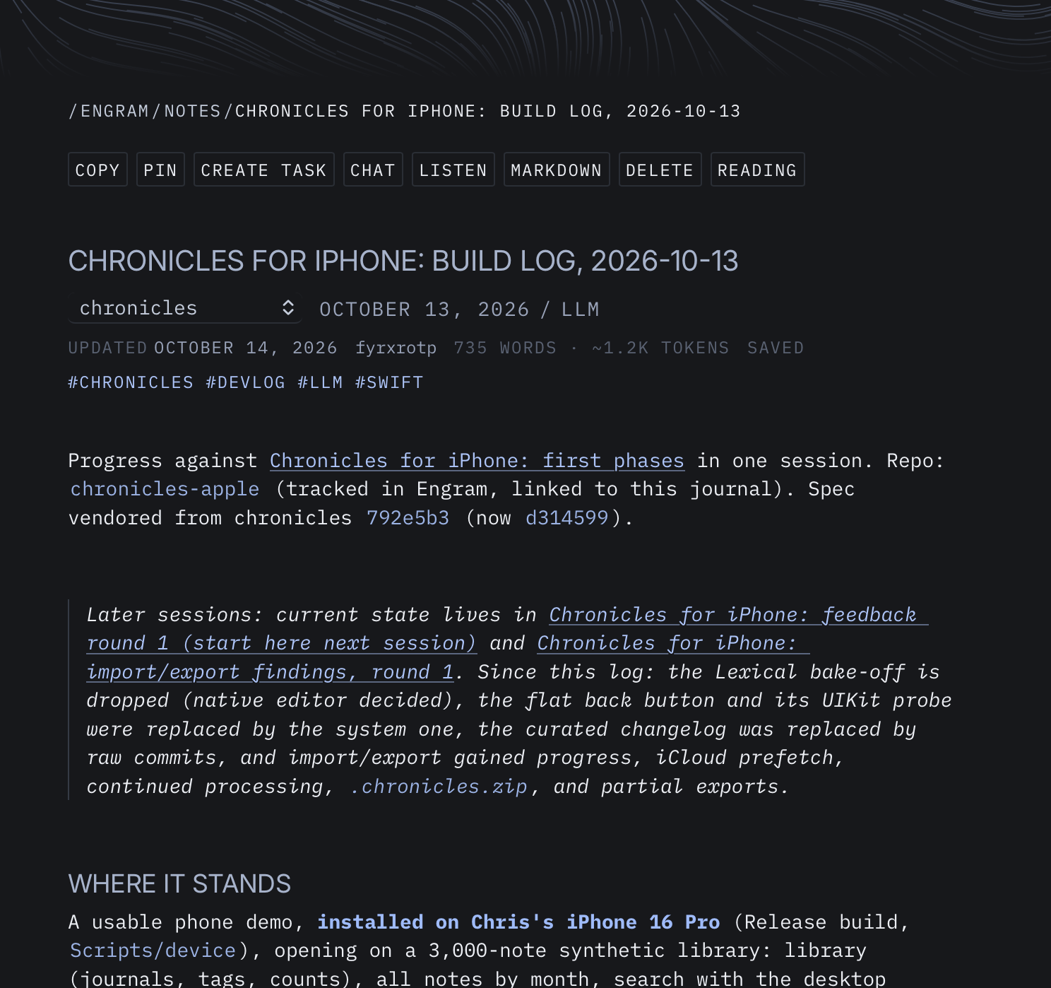 I have Claude dump its plan, progress, and overall project notes into my notes app(s), sometimes converting them to audio and listning or reading them back on my phone